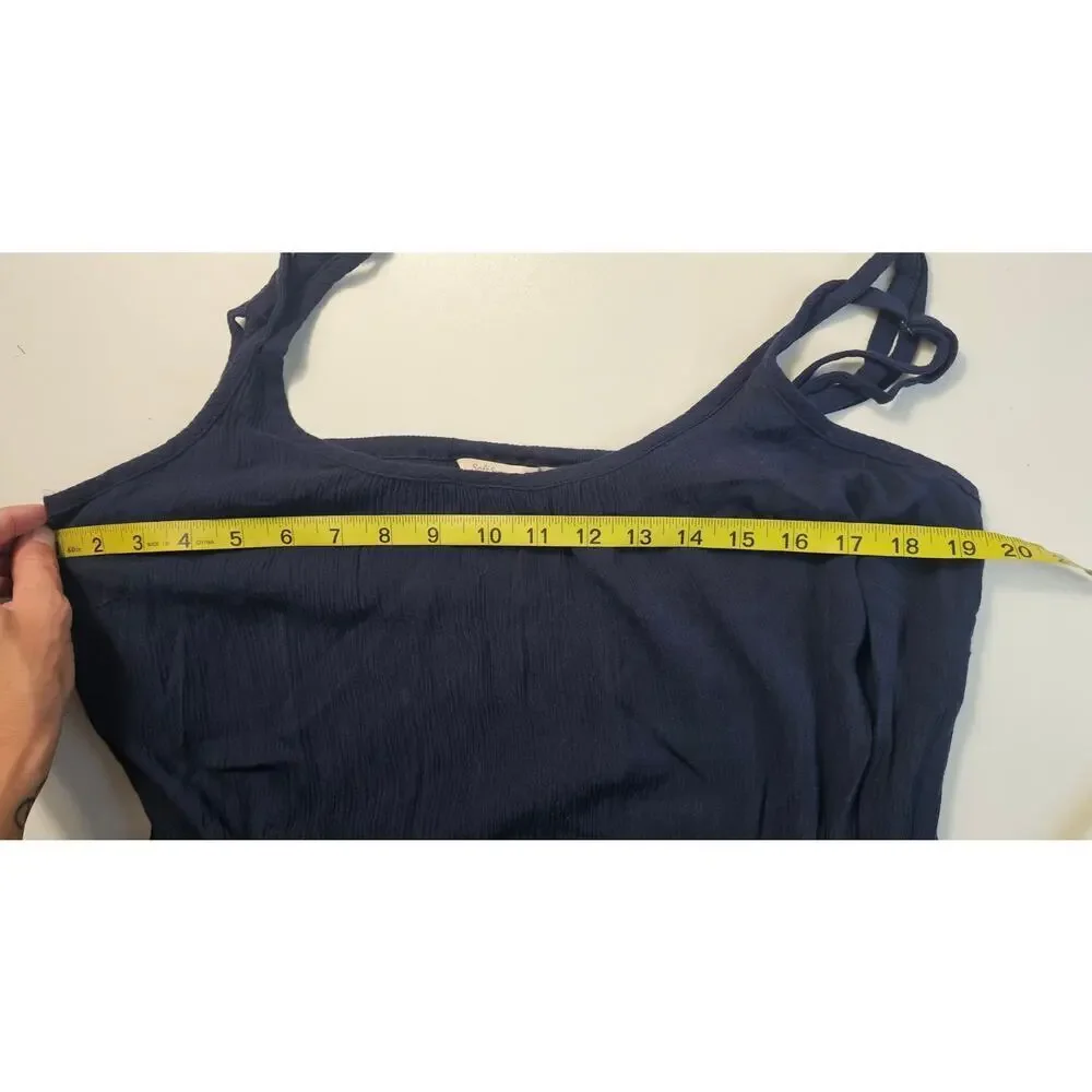 Soft surroundings crinkle rayon romper sz L navy blue elastic waist comfort flaw